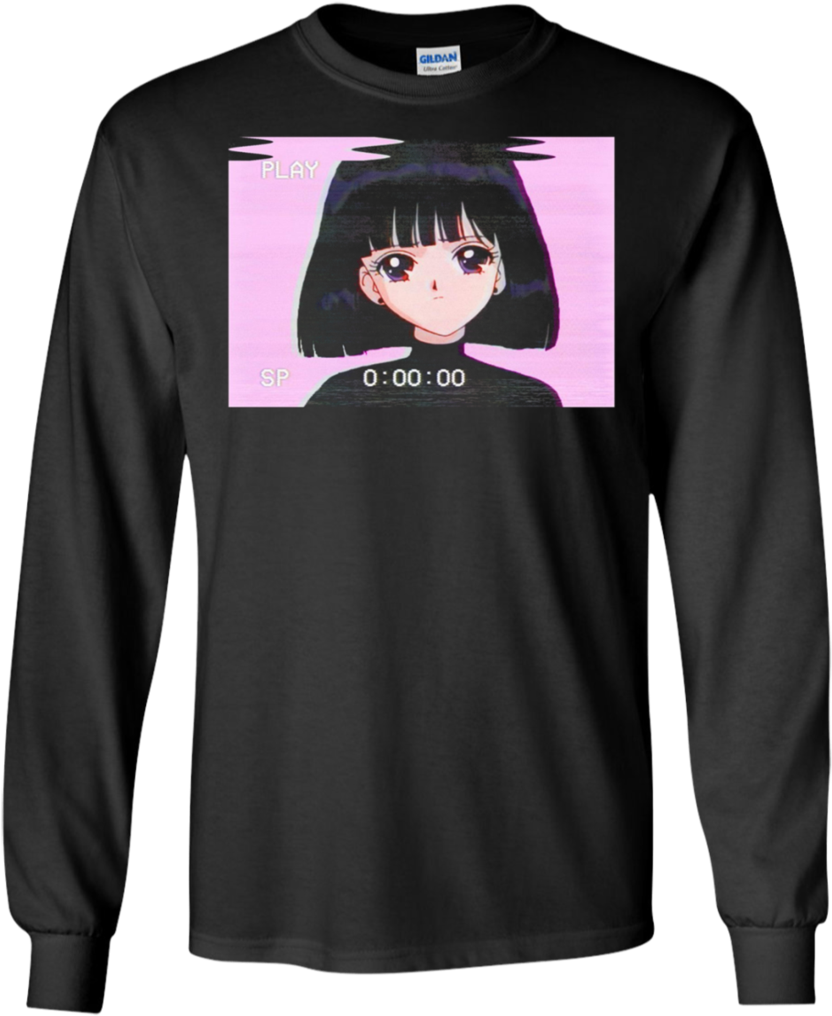 Sad Girl Retro Japanese Anime Vaporwave Apparel - Vaporwave Long Sleeve (1024x1024), Png Download