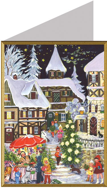 Christmas Card Christmas Market At Night - Vintage German Christmas Card (500x700), Png Download