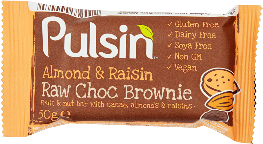 Pulsin' Almond & Raisin Raw Choc Brownie - Chocolate (1000x1000), Png Download