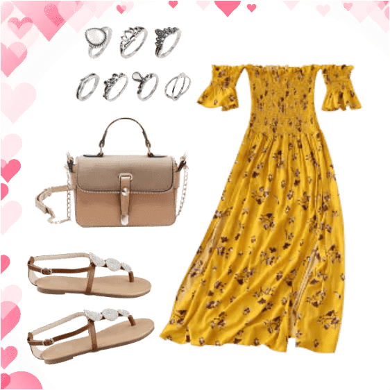 Floral Slit Smocked Off Shoulder Midi Dress (562x562), Png Download