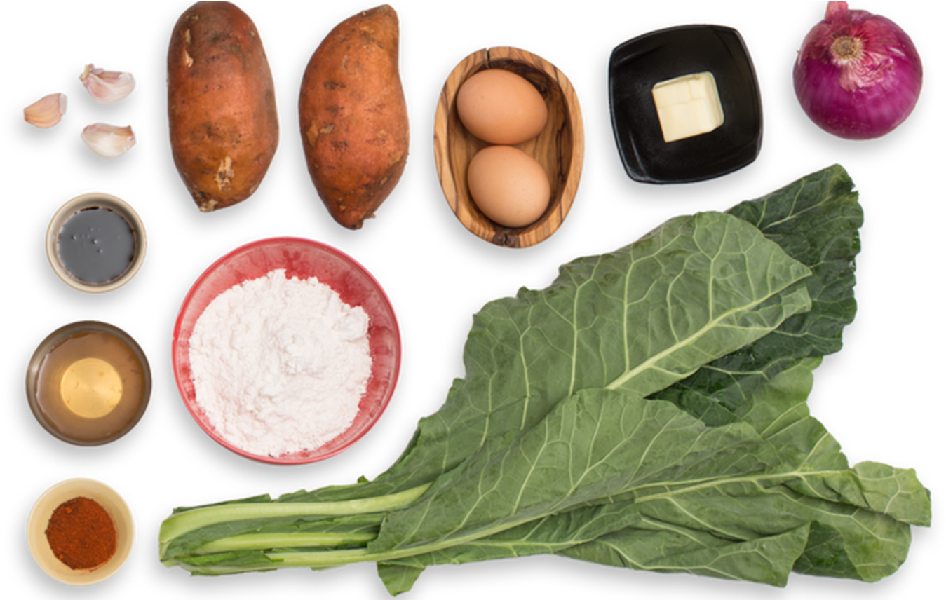 Sweet Potato & Collard Green Hash With Sunny Side Up - Spinach (1368x855), Png Download