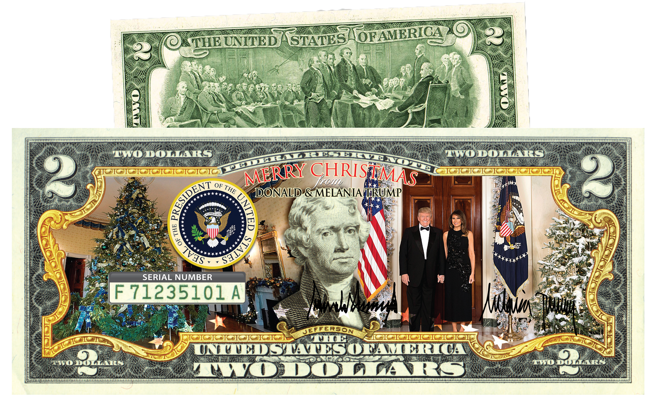 Get 50% Off The Brand New Donald & Melania Trump Christmas - 2 Dollar Bill (2367x1301), Png Download