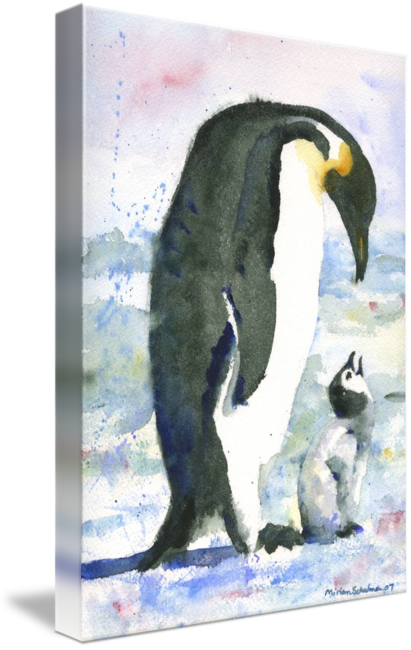 "penguin Parent Watercolor Painting Of Baby Bird I" - Watercolor Painting Of Penguin (411x650), Png Download