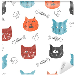 Watercolor Cute Cats Seamless Pattern - Cat (400x400), Png Download