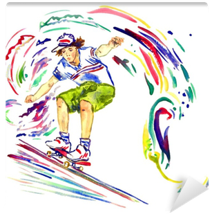 Guy On Skateboard, Colorful Palette Splashes Background, - Watercolor Painting (400x400), Png Download