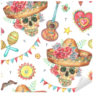 Watercolor Seamless Pattern With Skull In Sombrero - Watercolor Painting (400x400), Png Download