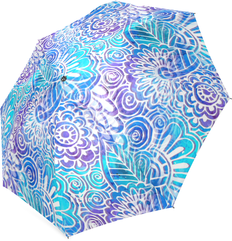 Boho Flower Doodle On Blue Watercolor Foldable Umbrella (1000x1000), Png Download