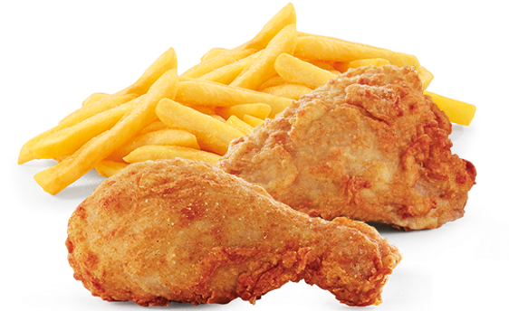 Chicken & Chips - 2 Piece Chicken And Chips (640x348), Png Download