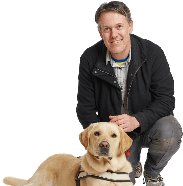 Man Kneeling With Guide Dog - Man Kneeling With Dog (600x600), Png Download