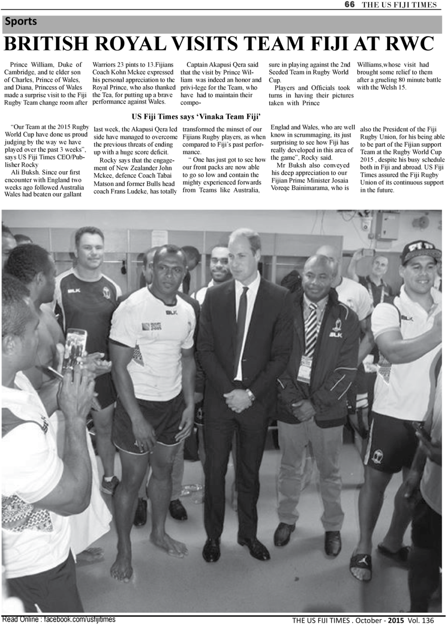 66 The Us Fiji Times Sports British Royal Visits Team - Photograph (960x1275), Png Download