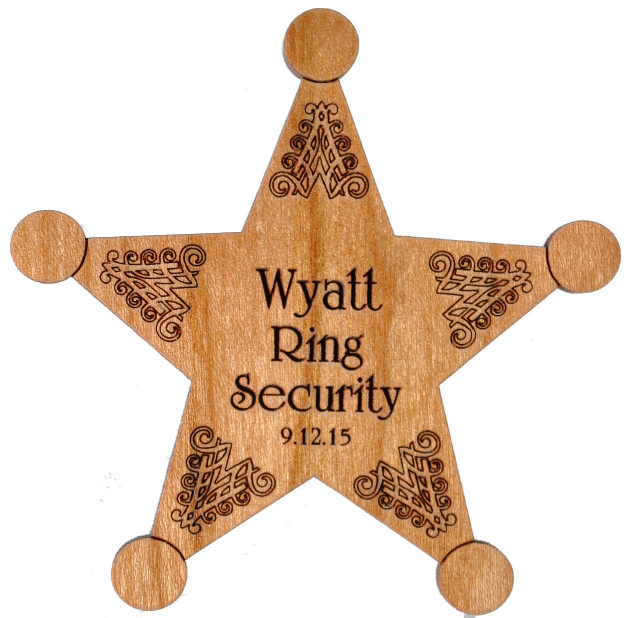 Cherrywood Wedding Badge With Ornate Scrollwork - Wood (1280x1237), Png Download