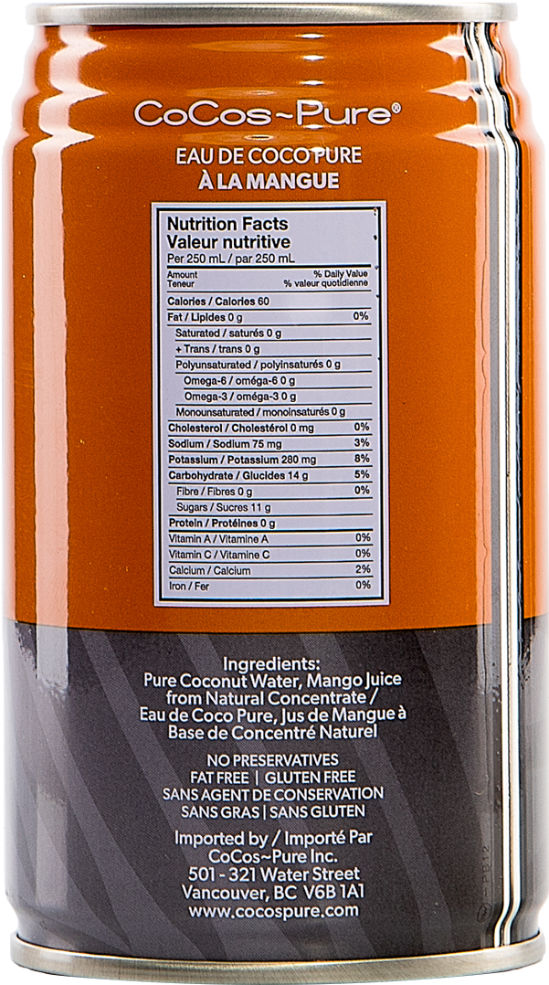 Cocos Pure Mango Coconut Water - Sports Drink (1233x1242), Png Download