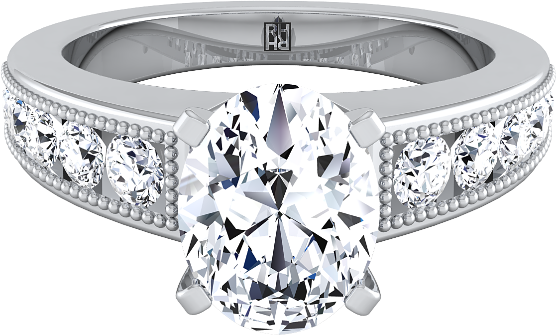 E80185 Oval White 1 1 - Oval Rose Gold Engagement Ring With Baguettes (1400x1400), Png Download