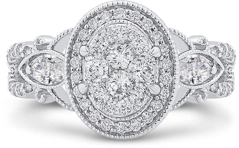 14k White Gold Round Cut Diamond Oval Shape Halo Engagement - Engagement Ring (1000x1000), Png Download