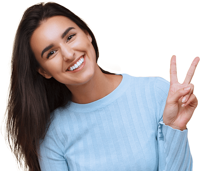 Smiling Woman Giving Peace Sign - Female Peace Sign Png (691x591), Png Download