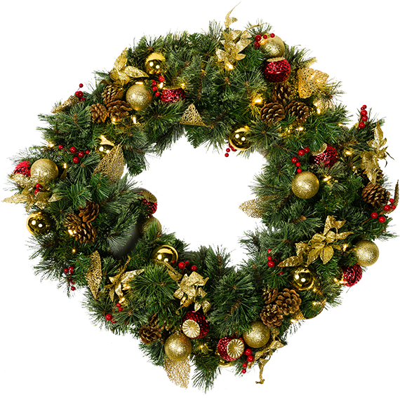 Light 24" Decorated Wreath, 35 Steady Warm White Led's, - Wreath (600x633), Png Download
