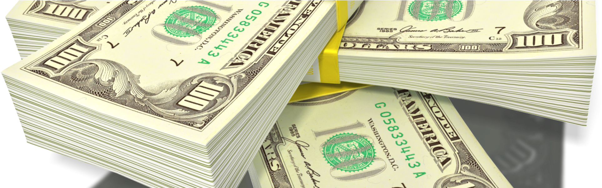 Money Three Stack - 100 Dollar Bill (2200x600), Png Download