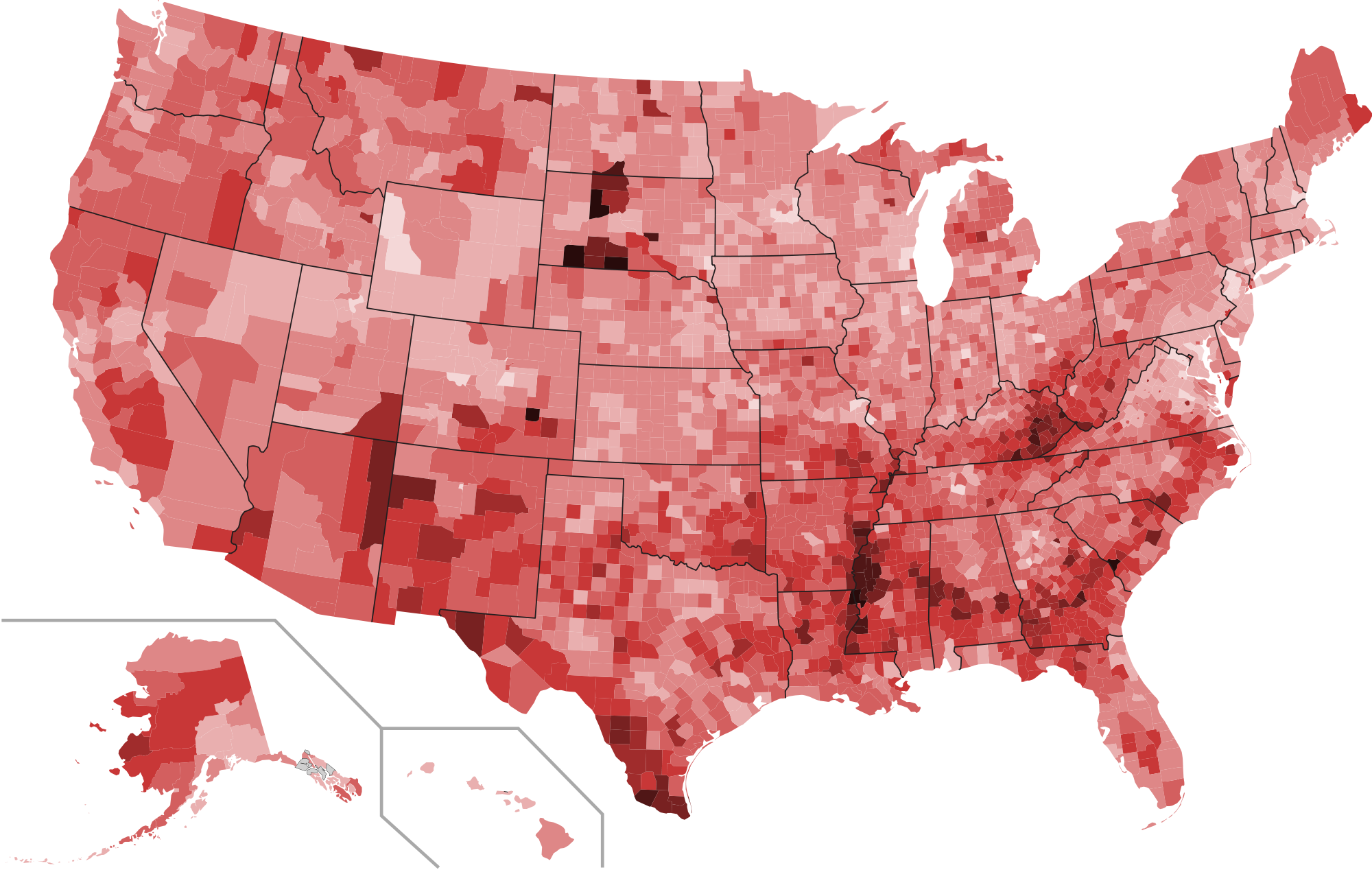 Mapa Da Taxa De Pobreza Nos Estados Unidos Por Condados - Us Violent Crime By County (2000x1268), Png Download