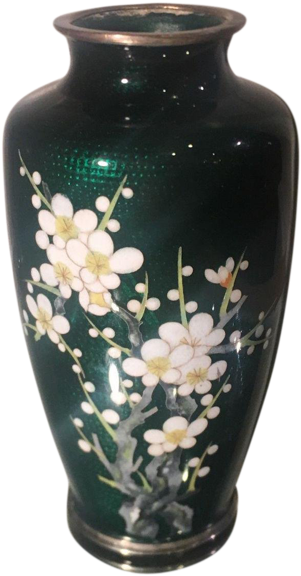 Vintage Japanese Green Cloisonné Vase W Flowers & Bird - Vase (650x1243), Png Download