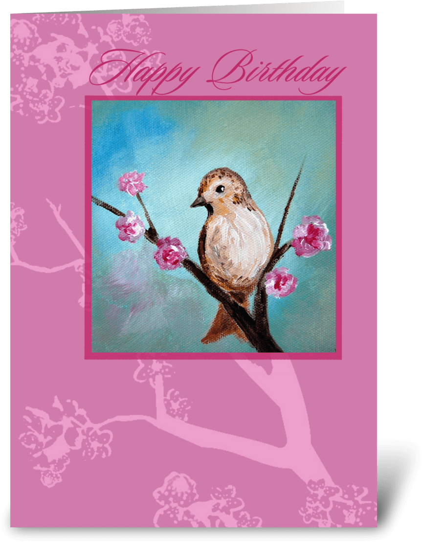 Happy Birthday, Bird & Cherry Blossom Greeting Card - Greeting Card (700x792), Png Download