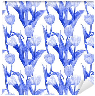 Monochrome Seamless Texture With Blue Tulips For Your - Watercolor Painting (400x400), Png Download