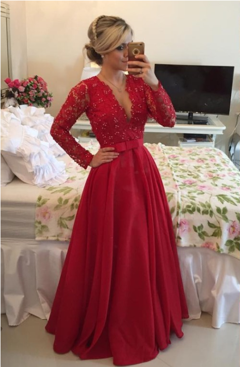 Burgundy Long Sleeve V Neck Lace Beaded Bodice A-line - Long Sleeve Lace Deep V Red Dress (800x800), Png Download