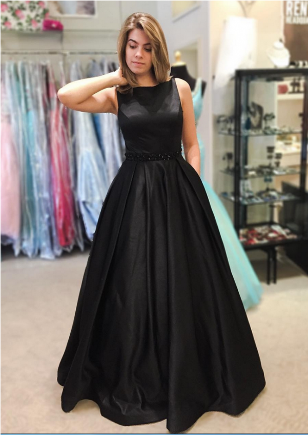 Black Beading Prom Dress, Bateau Neck A-line Satin - Black Prom Dress With Pockets (600x1600), Png Download