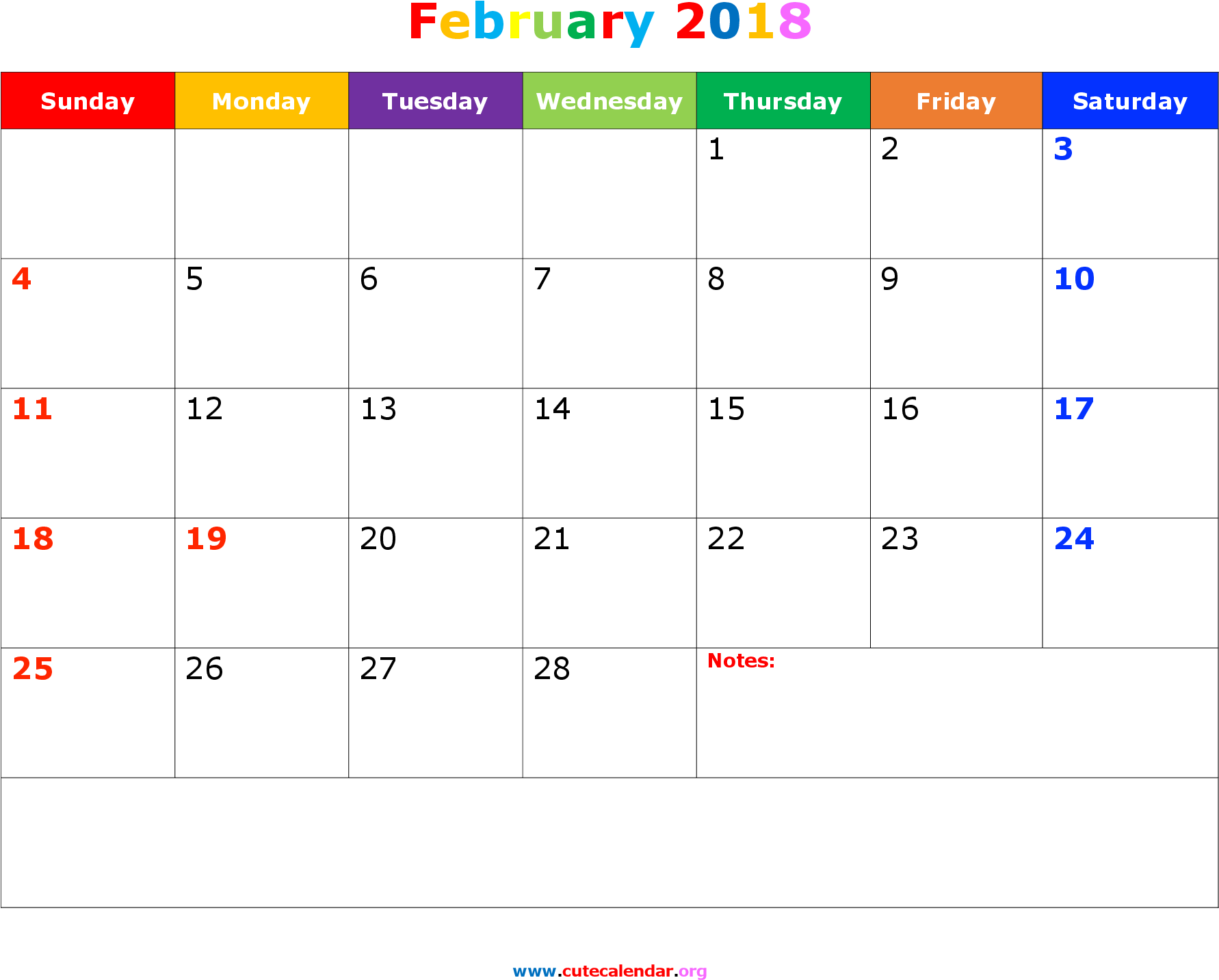 Cute February 2018 Calendar Notes Landscape - January 2018 Calendar Mlk (2200x1700), Png Download