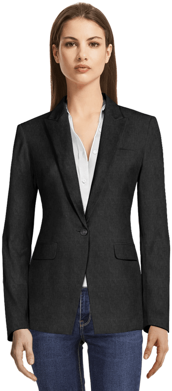 Black Linen Blazer With Peak Lapels-view Front - Blazer Smoking Mujer Azul (437x807), Png Download