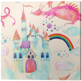 Watercolor Fairy Tale Seamless Pattern With Cute Dragon, - Cute Dragon And Castle (400x400), Png Download