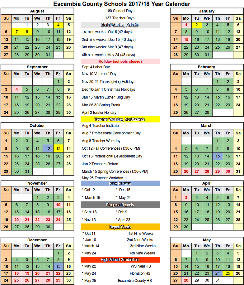 2017 2018 Calendar With Escambia County School - Escambia County School District Calendar 2018 (816x1056), Png Download