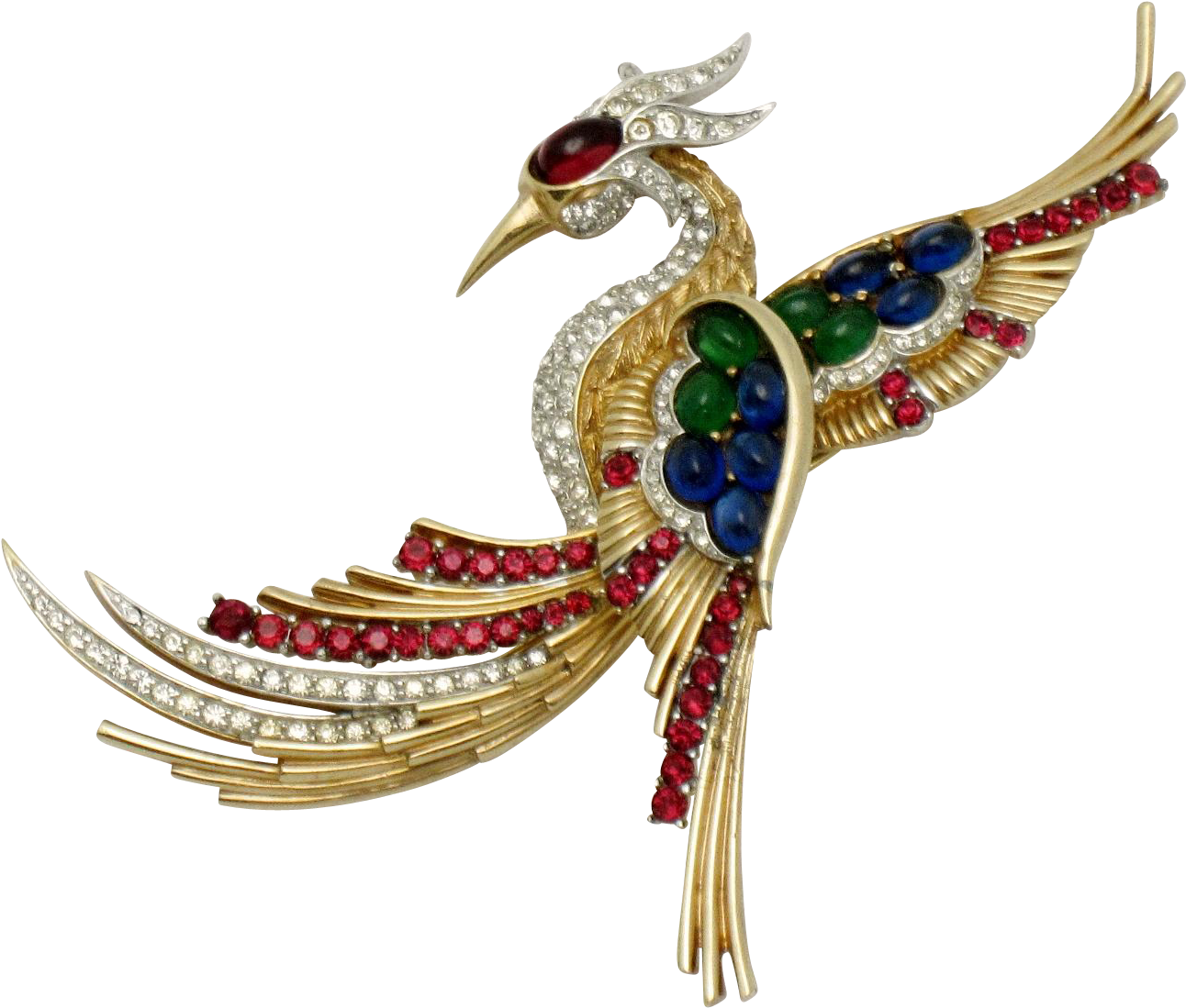 Boucher Vintage Phoenix Bird Rhinestone Cabochon Brooch - Peafowl (1291x1291), Png Download
