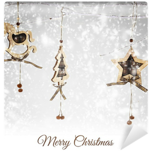 Christmas Wooden Ornaments Hanging On Snowy Branch - Wood (400x400), Png Download