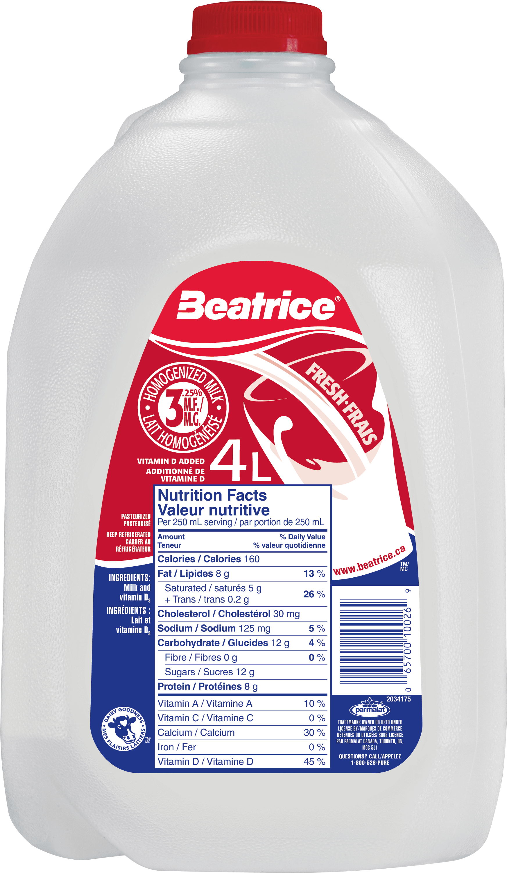 25% Homogenized Milk 4l - Beatrice Milk Nutrition Facts (1980x3195), Png Download