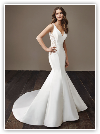Badgely Mischa Bridal Gowns - Crepe Fit And Flare Wedding Dress (350x460), Png Download
