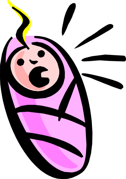 Vector Illustration Of Crying Newborn Baby Girl Swaddled (491x700), Png Download