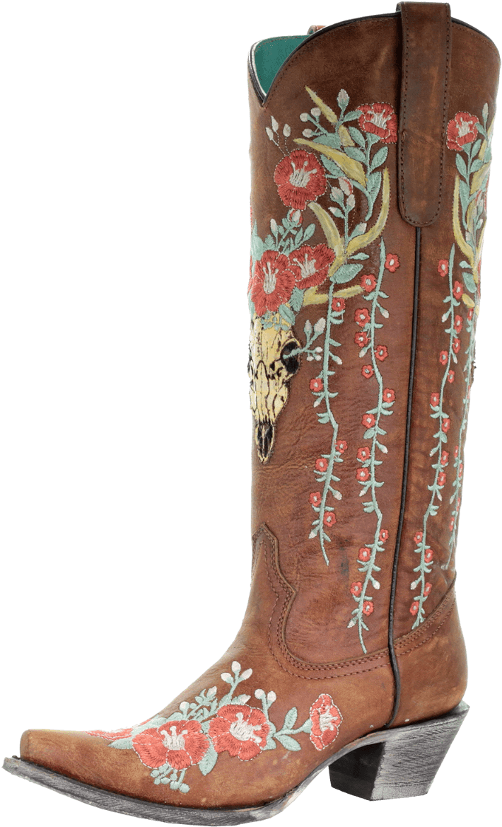 Corral Women S Skull Overlay Floral Embroidery - Embroidered Cowgirl Boots (735x1200), Png Download