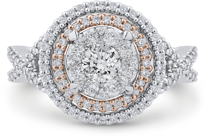 14k Two-tone Gold Round Diamond Double Halo Engagement - De Beers Halo Ring (1000x1000), Png Download