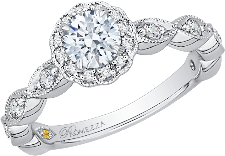 Round Diamond Floral Halo Engagement Ring - Pre-engagement Ring (1000x1000), Png Download