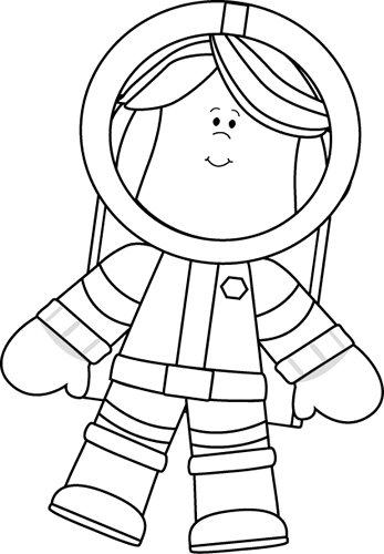 Black And White Little Girl Astronaut Clip Art - Astronaut Cartoon Images Black And White (347x500), Png Download