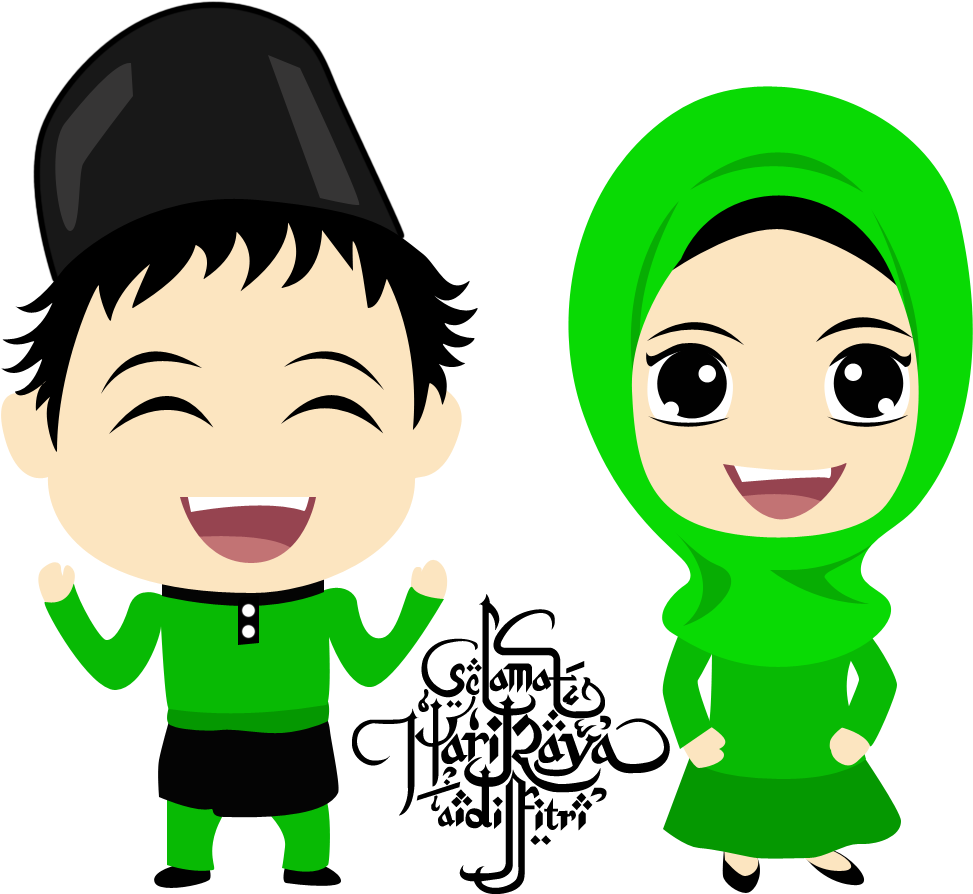 Cartoon Raya Aidilfitri Green Hijab Cartoon - Couple Muslim Cartoon Png (1000x918), Png Download
