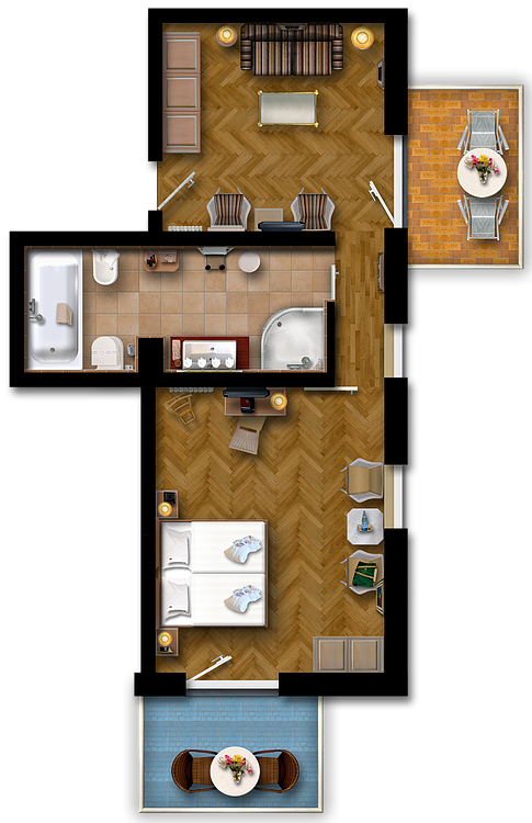 Suite With Bedroom And Living Room, Balcony (485x750), Png Download