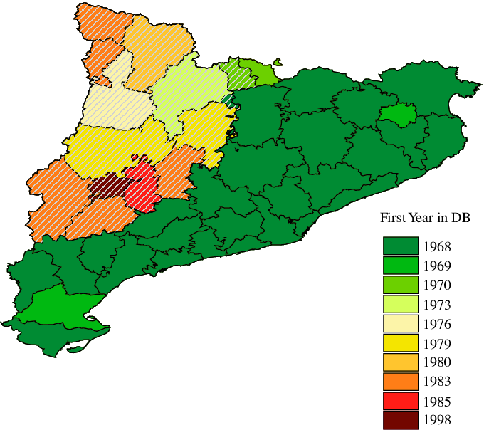 Map Of Catalonia And Start Year Of The Fire Database - Map (680x604), Png Download