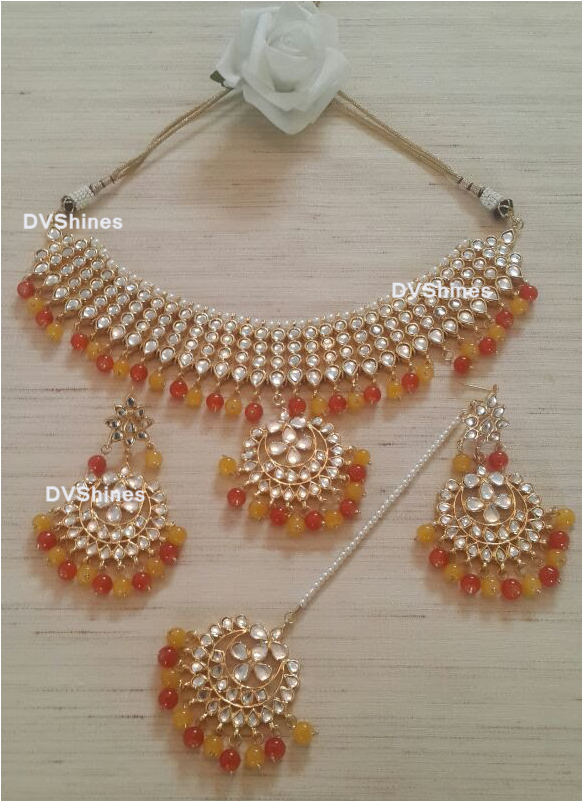 Kundan Choker In Adorable Yellow And Orange Combo,high - Necklace (800x800), Png Download