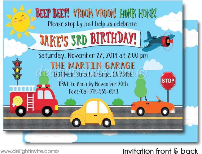 Planes, Cars, Fire Truck Transportation Invitations - City Car (656x530), Png Download