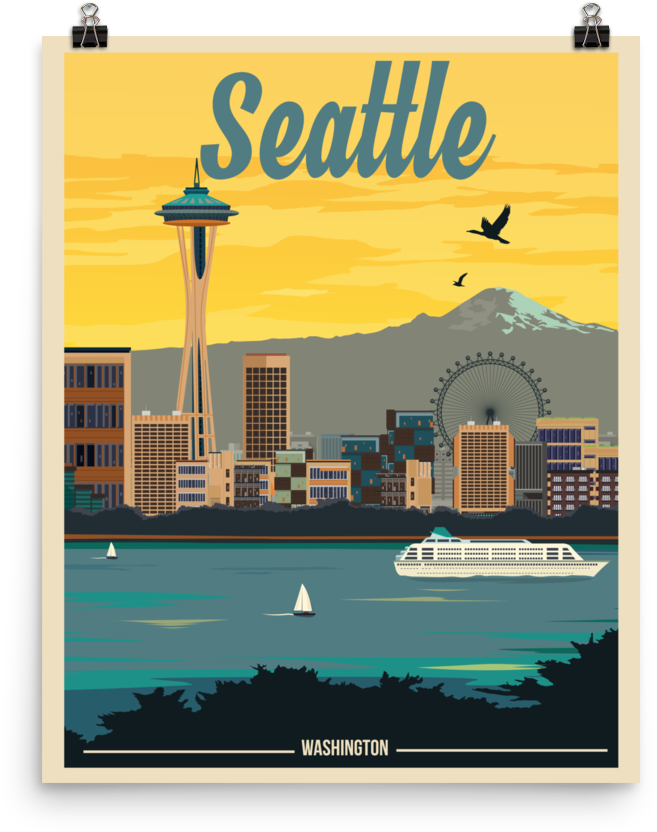 Seattle Travel Poster - Seattle Vintage Destination Poster (1000x1000), Png Download
