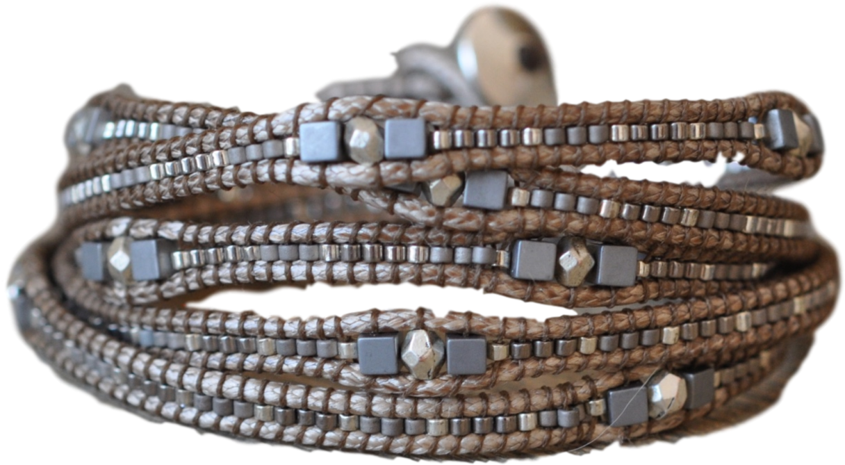 Wrap Bracelet Beaded In Silver, Grey And Gold Tread (2500x1660), Png Download