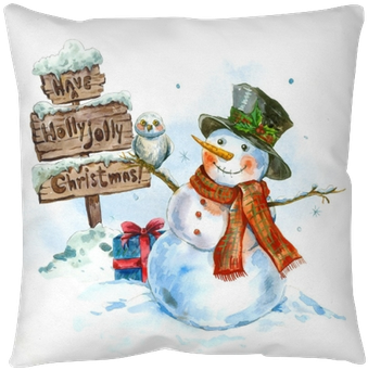 Watercolor Greeting Card With Snowman Throw Pillow - Watercolor Christmas Cards With Snowman (400x400), Png Download
