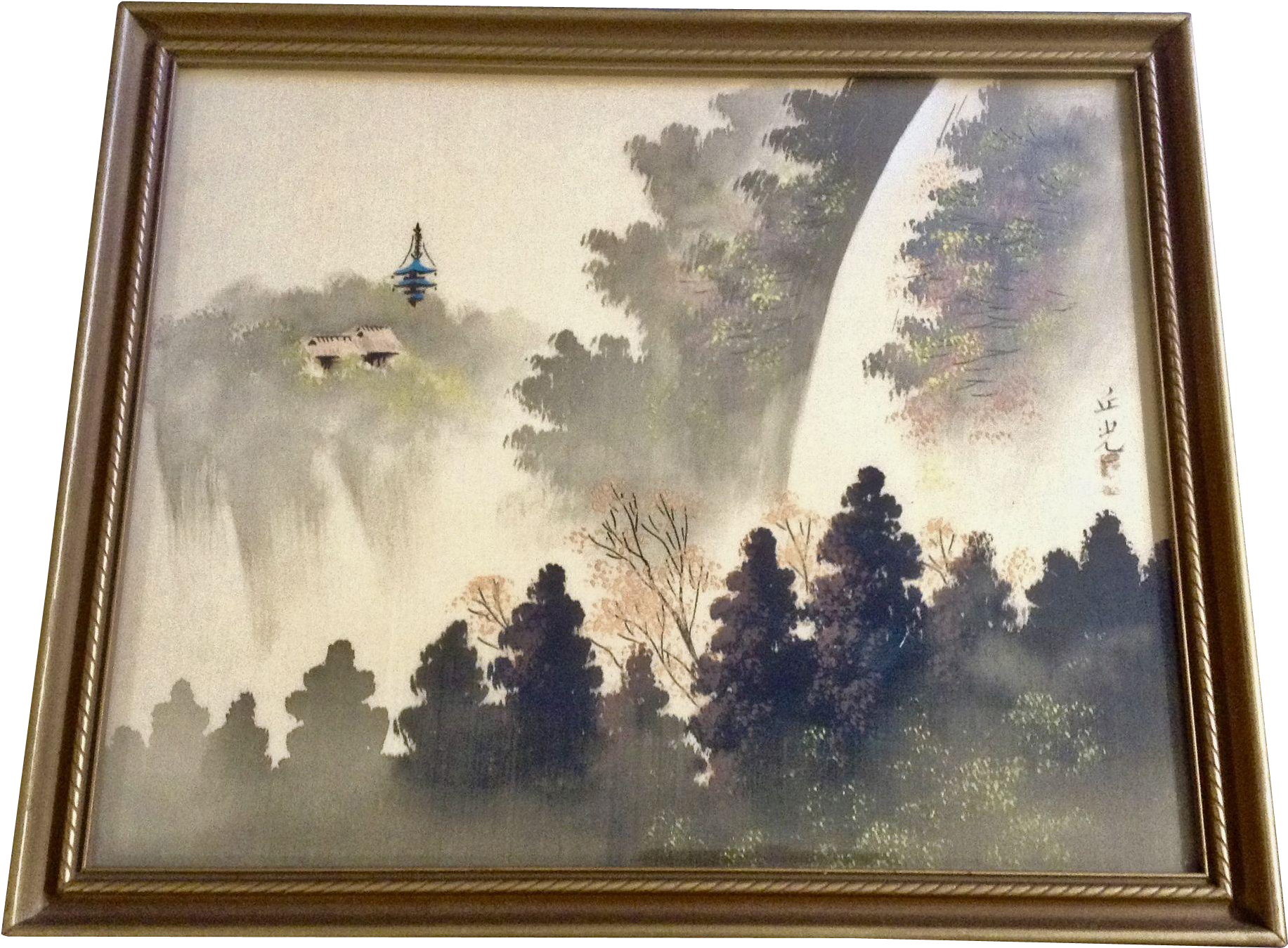 Asian Painting On Silk Pagoda Overlooking Waterfall - Painting (1832x1832), Png Download