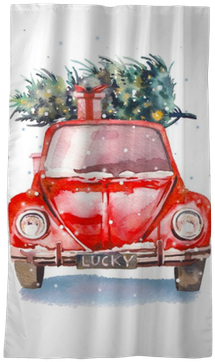 Watercolor Retro Car With Gift Box And Christmas Tree - Watercolor Christmas Tree Png (400x400), Png Download